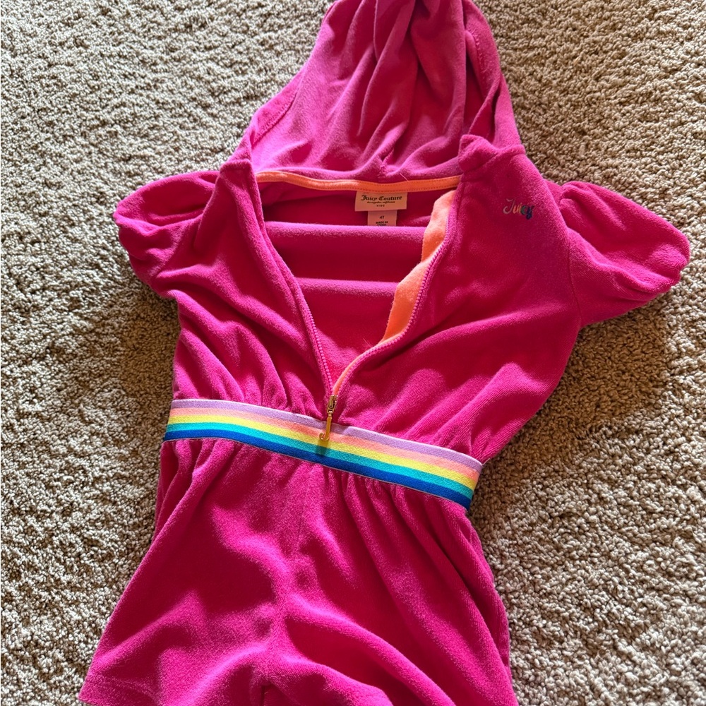 Hot Pink Hooded Terry Romper with Rainbow Waistband